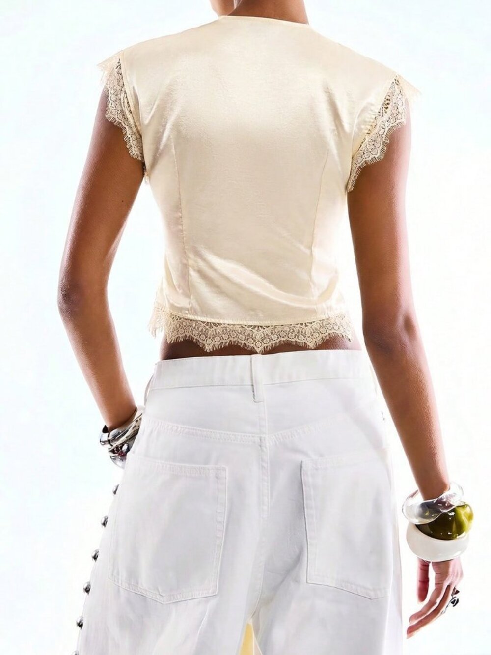 Beige Casual Women's Minimalist Lace Tie Detail Asymmetrical Hem Sleeveless Top - Picture 2 of 6